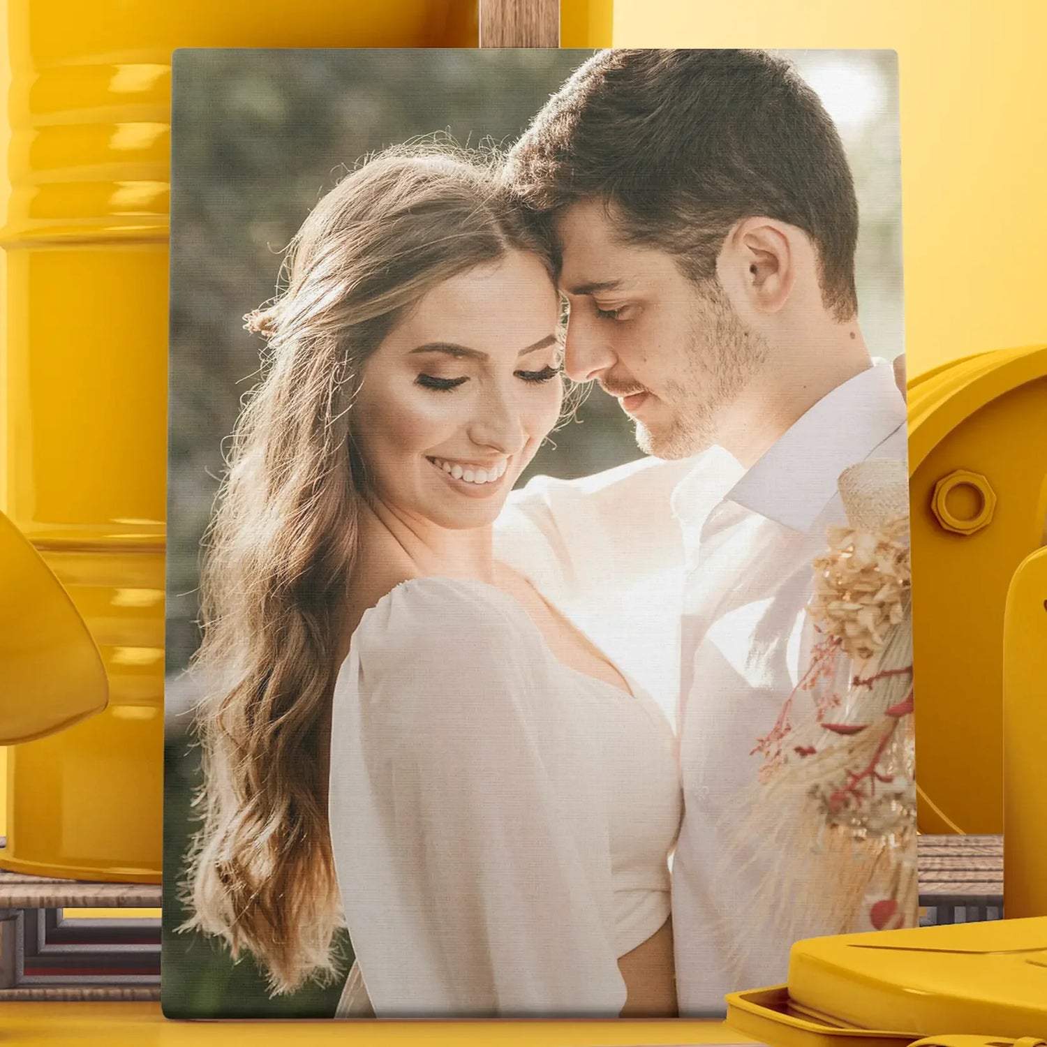 romantic couple portrait on canvas wall art with soft sunlight and nature background