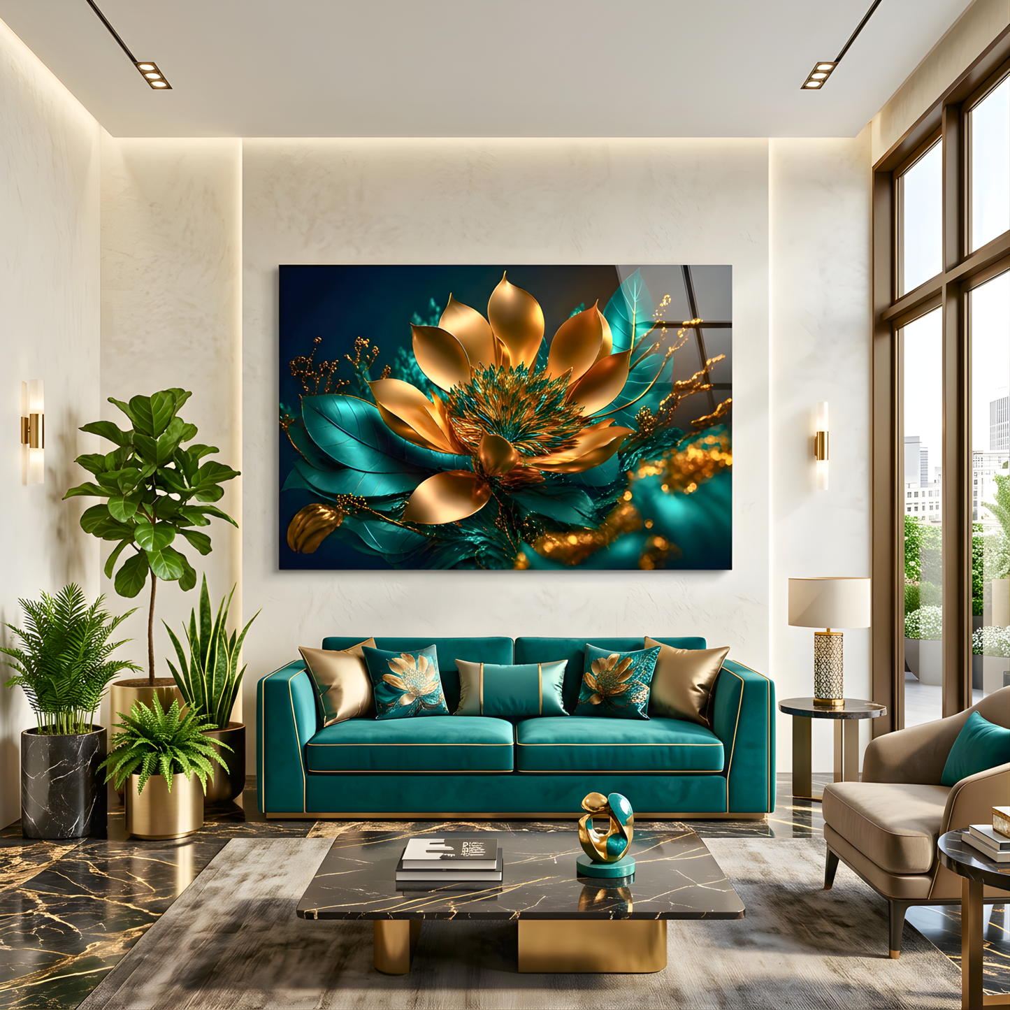 Teal Gold Lotus Flower Wall Art