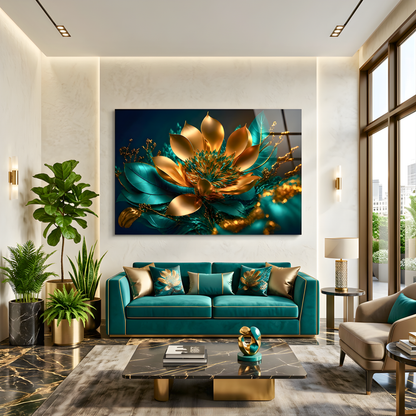 Teal Gold Lotus Flower Wall Art