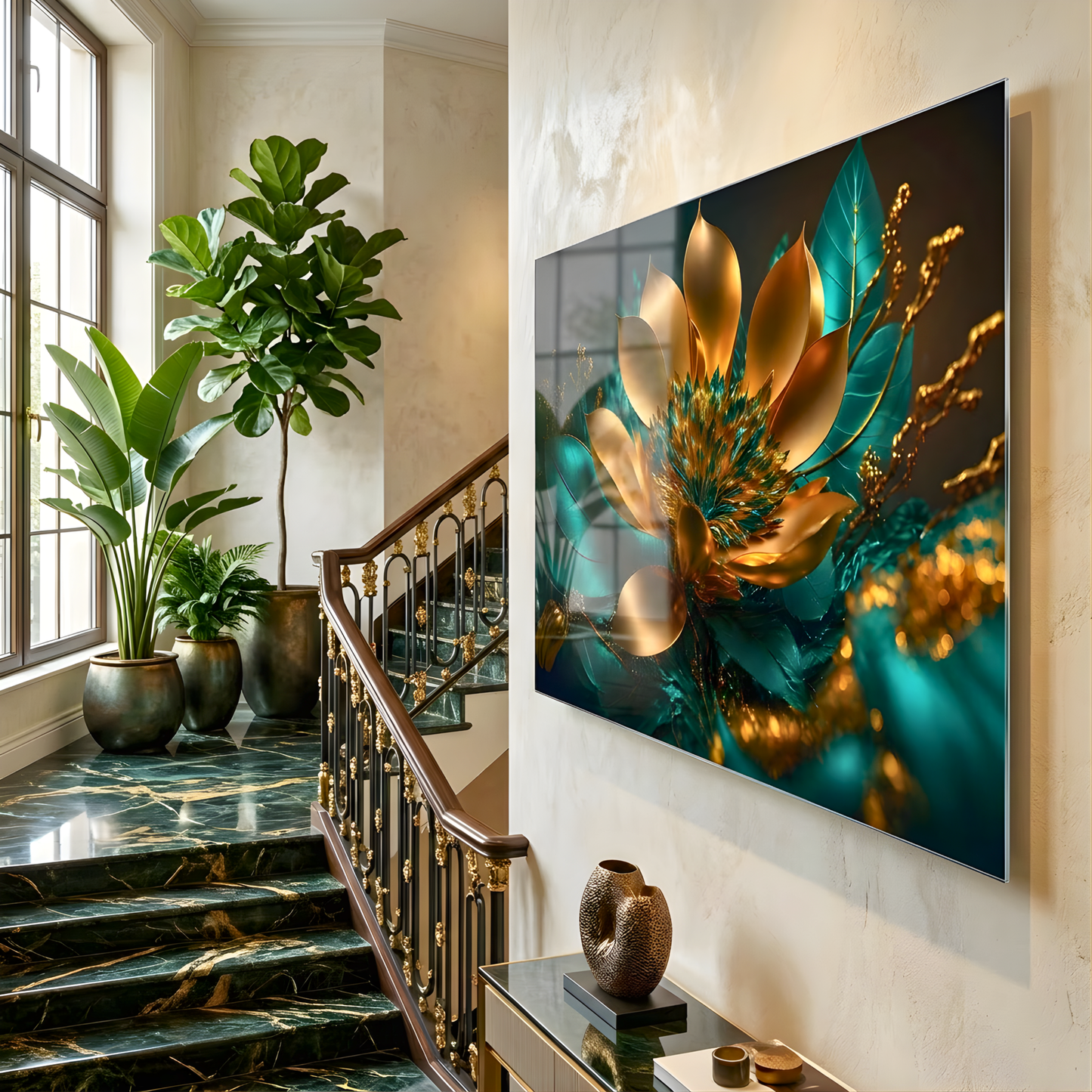 Teal Gold Lotus Flower Wall Art