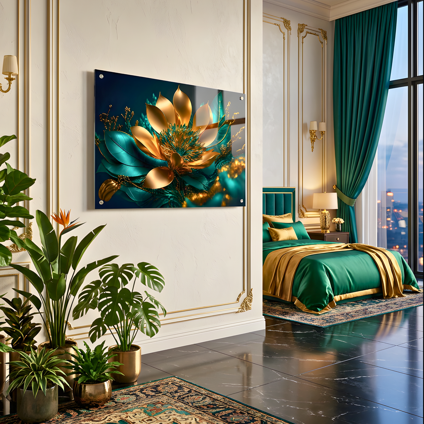 Teal Gold Lotus Flower Wall Art