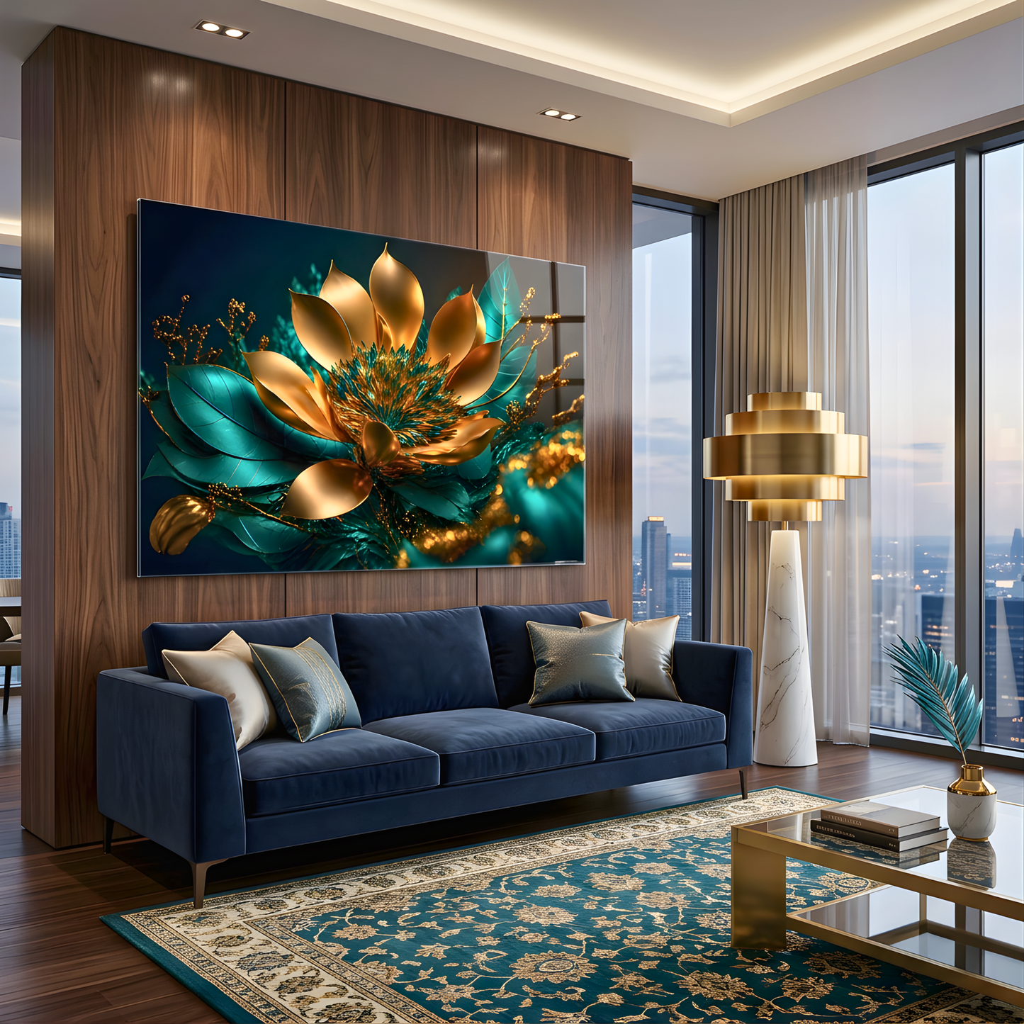 Teal Gold Lotus Flower Wall Art