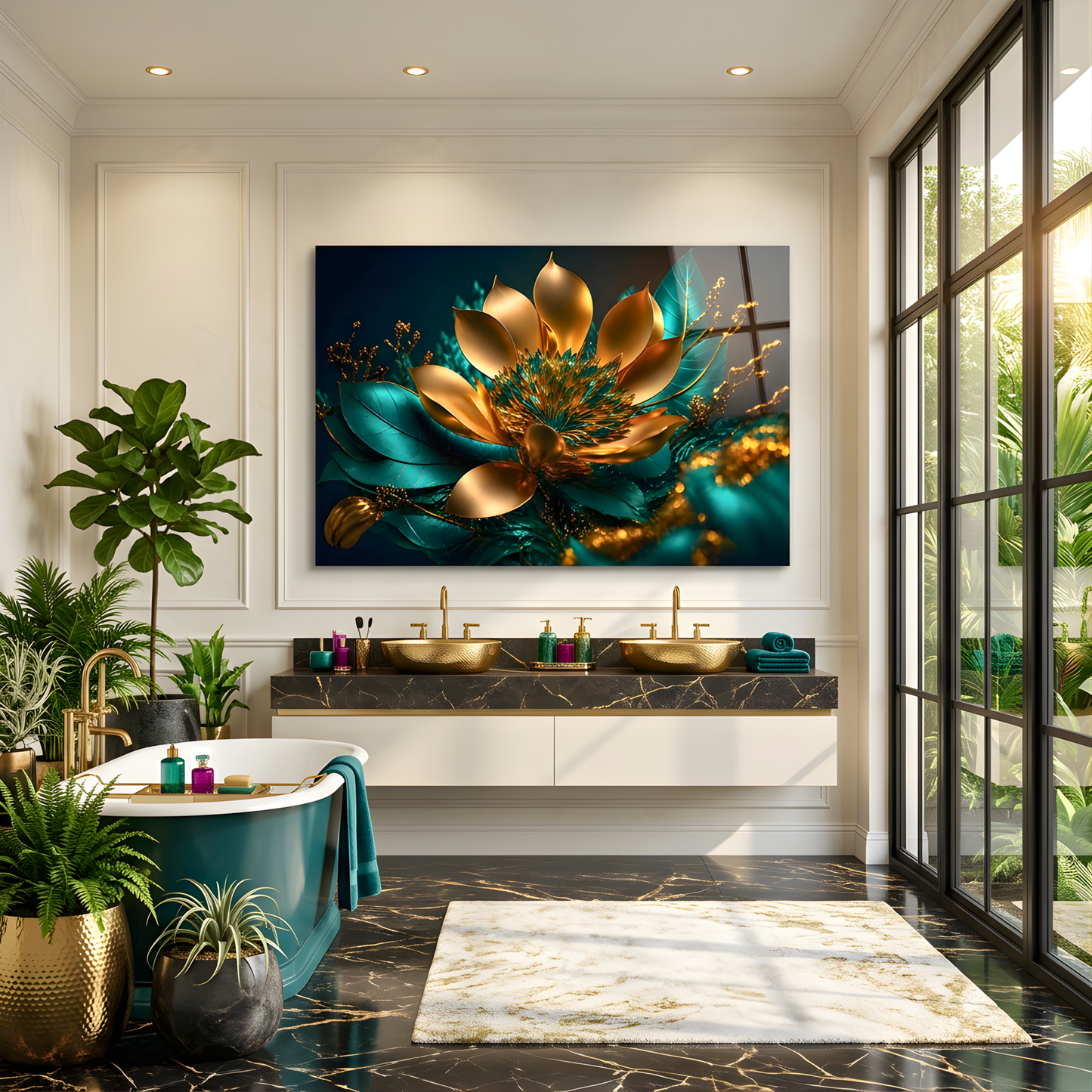 Teal Gold Lotus Flower Wall Art