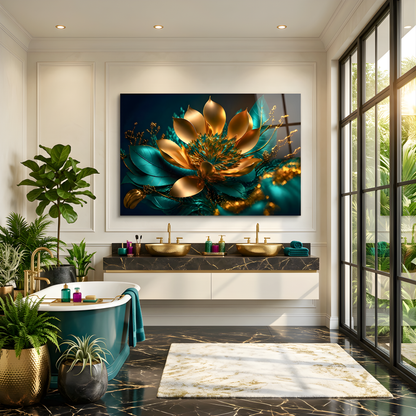 Teal Gold Lotus Flower Wall Art