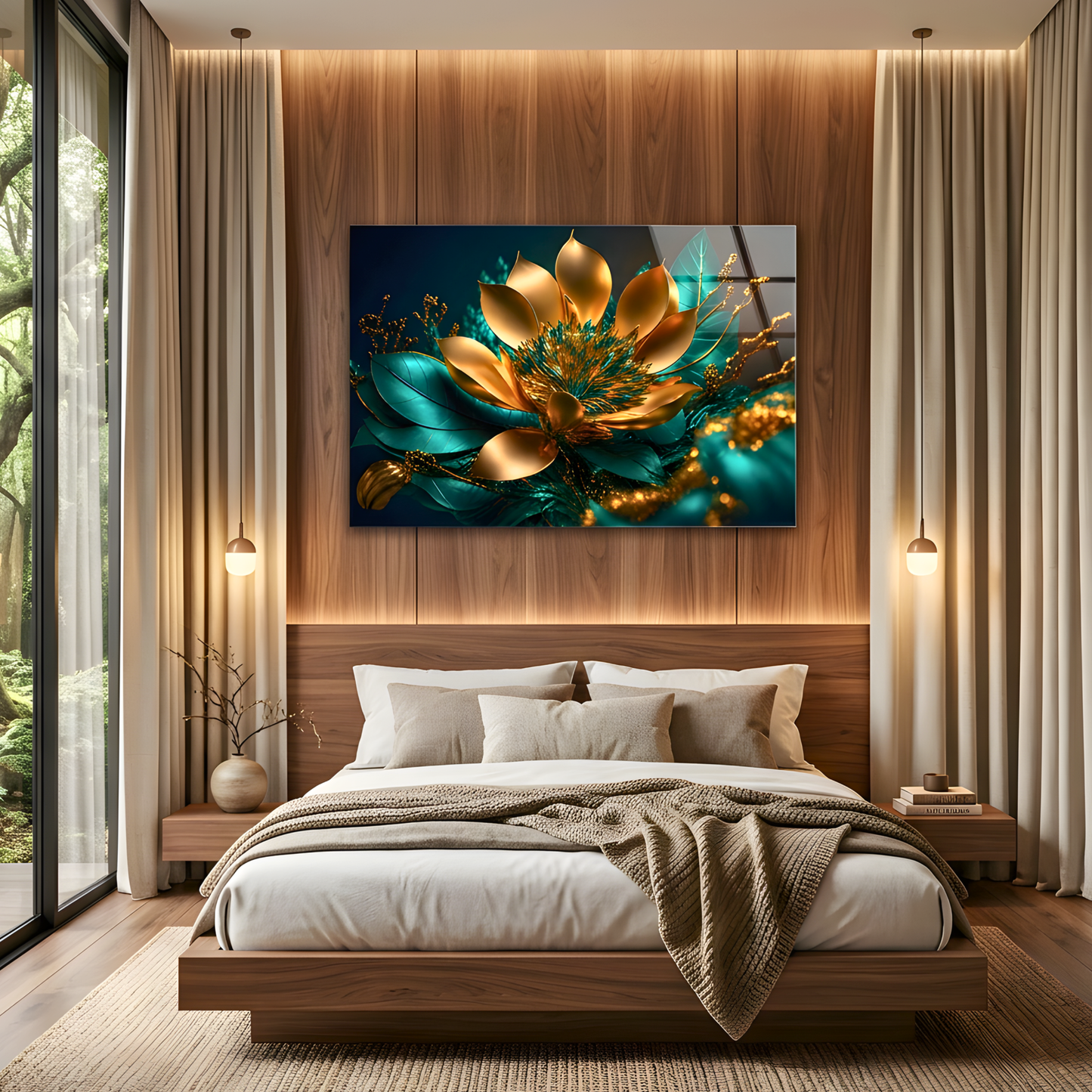Teal Gold Lotus Flower Wall Art