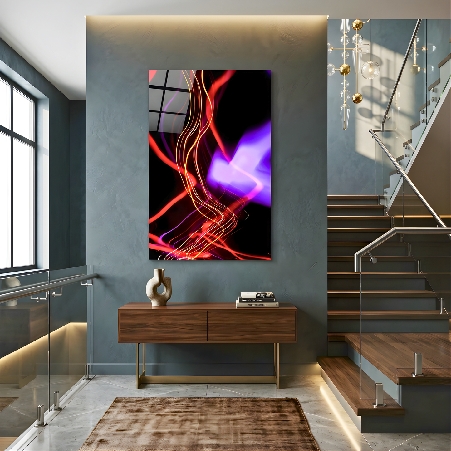 Neon Abstract Flow Glass Wall Art