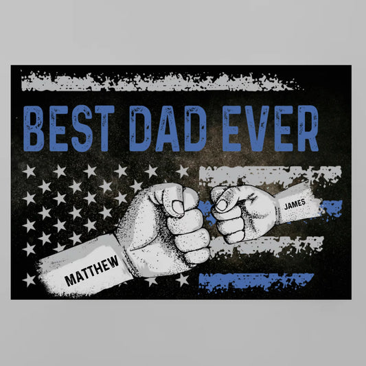 Minteefy canvas with "Best Dad Ever" and custom fists labeled Matthew and James, rustic flag theme.