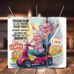Minteefy custom BFF tumblers – funny cartoon design with names, scooter ride, and friendship quote