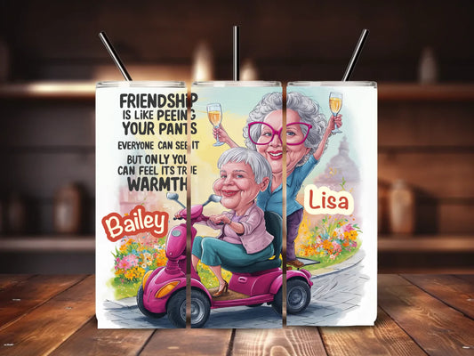 Minteefy custom BFF tumblers – funny cartoon design with names, scooter ride, and friendship quote