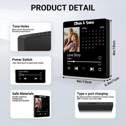 Minteefy photo calendar magnet – personalized date highlight, song player, and couple’s names.