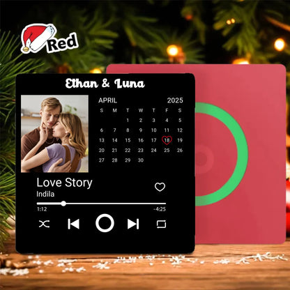 Minteefy photo calendar magnet – personalized date highlight, song player, and couple’s names, Red.