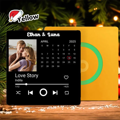 Minteefy photo calendar magnet – personalized date highlight, song player, and couple’s names, yellow.