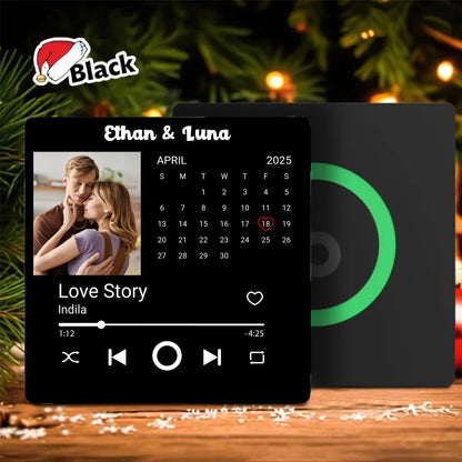Minteefy photo calendar magnet – personalized date highlight, song player, and couple’s names.