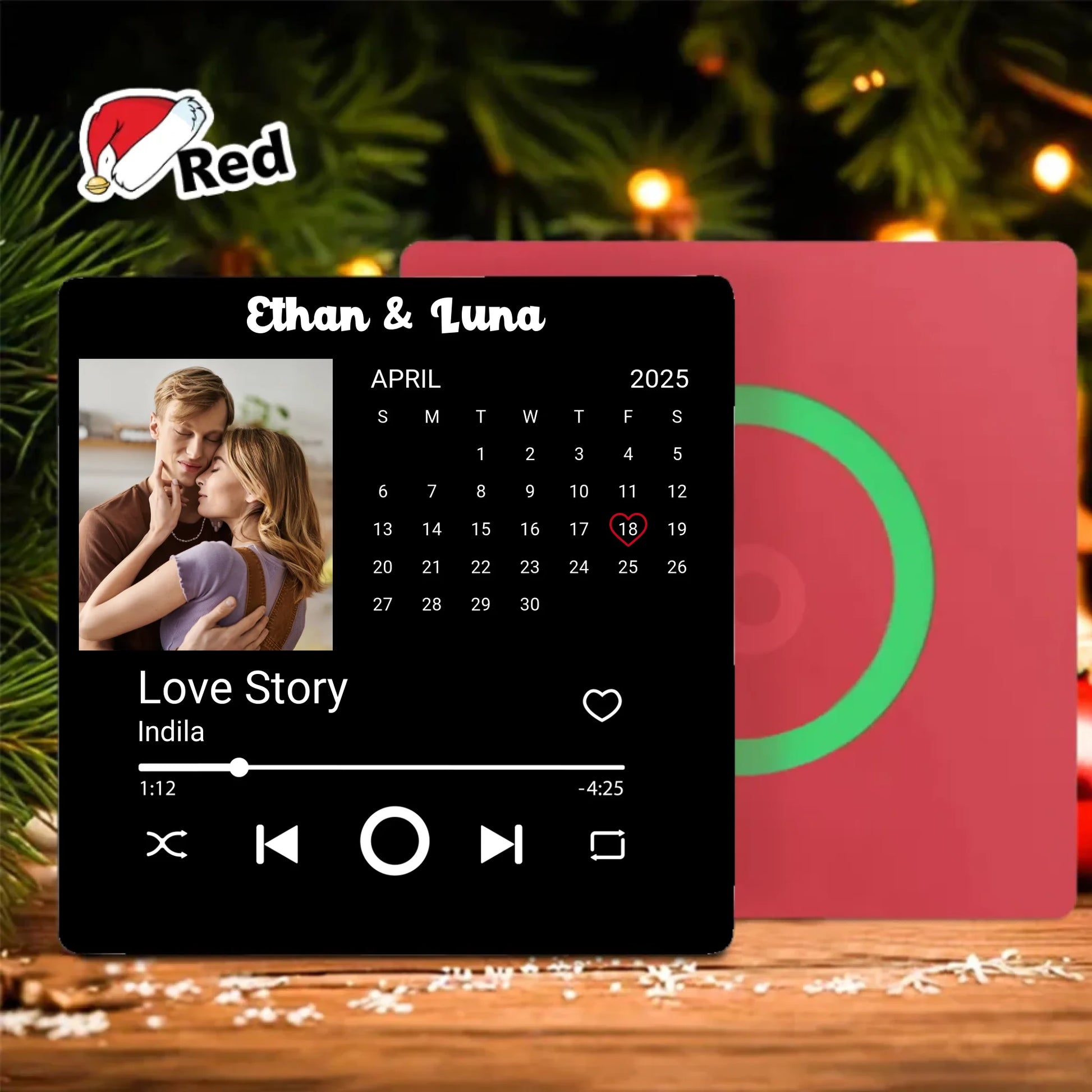 Minteefy photo calendar magnet – personalized date highlight, song player, and couple’s names.