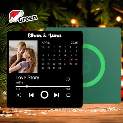 Minteefy photo calendar magnet – personalized date highlight, song player, and couple’s names.