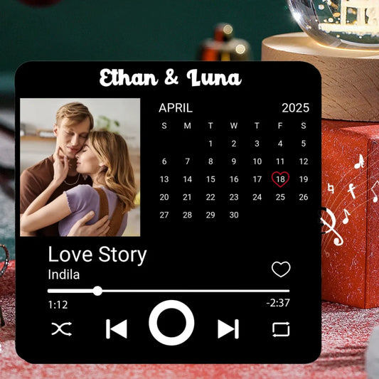 Minteefy photo calendar magnet – personalized date highlight, song player, and couple’s names.