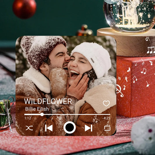 Minteefy custom music plaque – winter couple photo with Billie Eilish song and player overlay design.