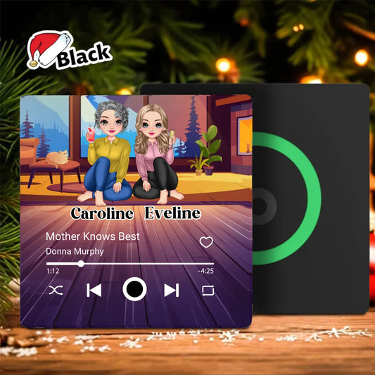 Minteefy custom fridge magnet – cartoon-style music player design with mother-daughter duo names, black.