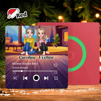 Minteefy custom fridge magnet – cartoon-style music player design with mother-daughter duo names., red.
