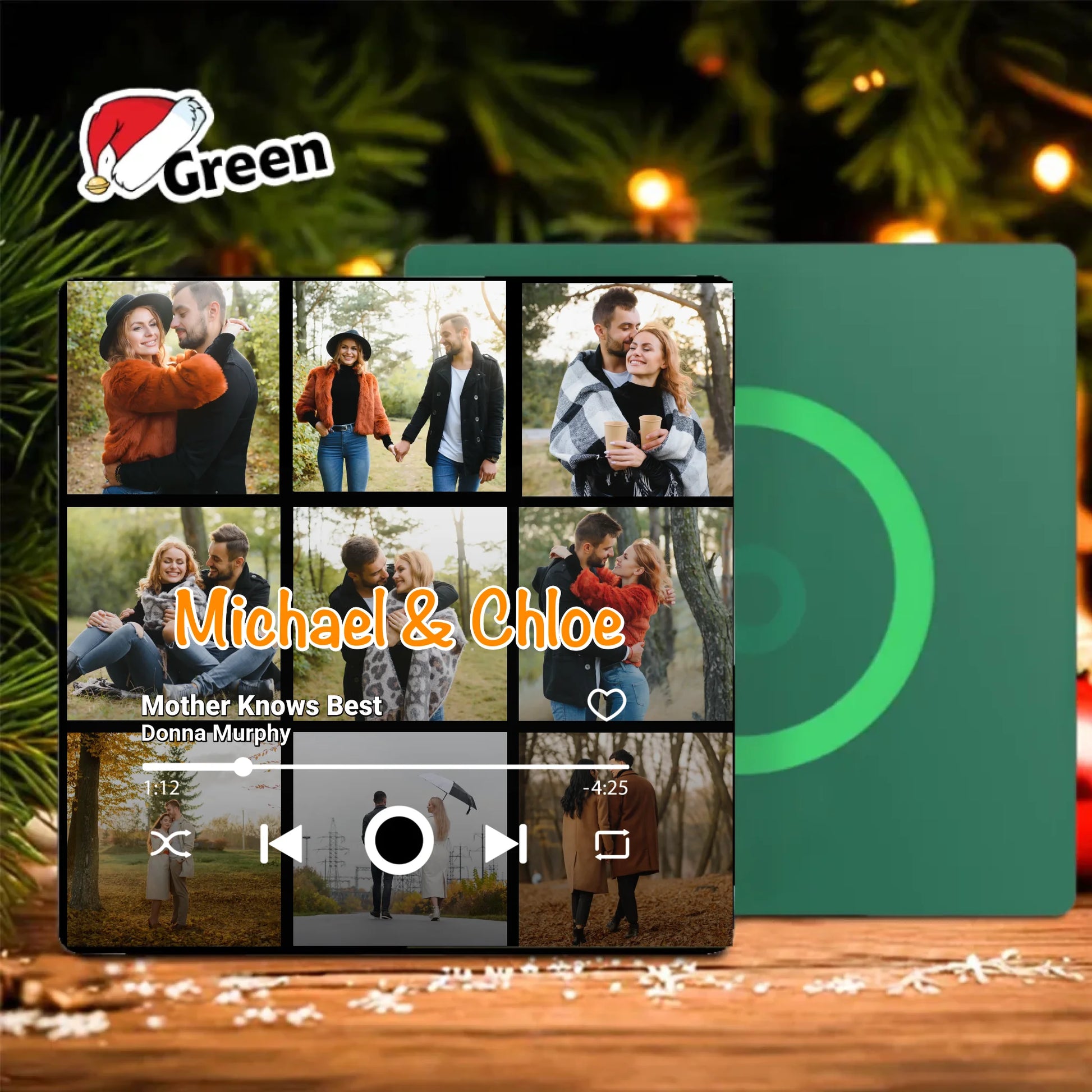 Minteefy custom fridge magnet – personalized music player design with couple photos and names, green.