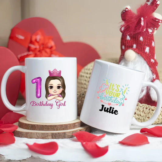 Minteefy birthday girl mugs with pink 1 balloon, cartoon princess, “It’s Your Birthday” name print.