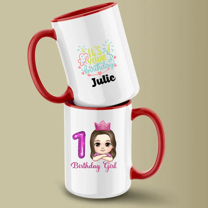 Minteefy birthday girl mugs with pink 1 balloon, cartoon princess, “It’s Your Birthday” name print.