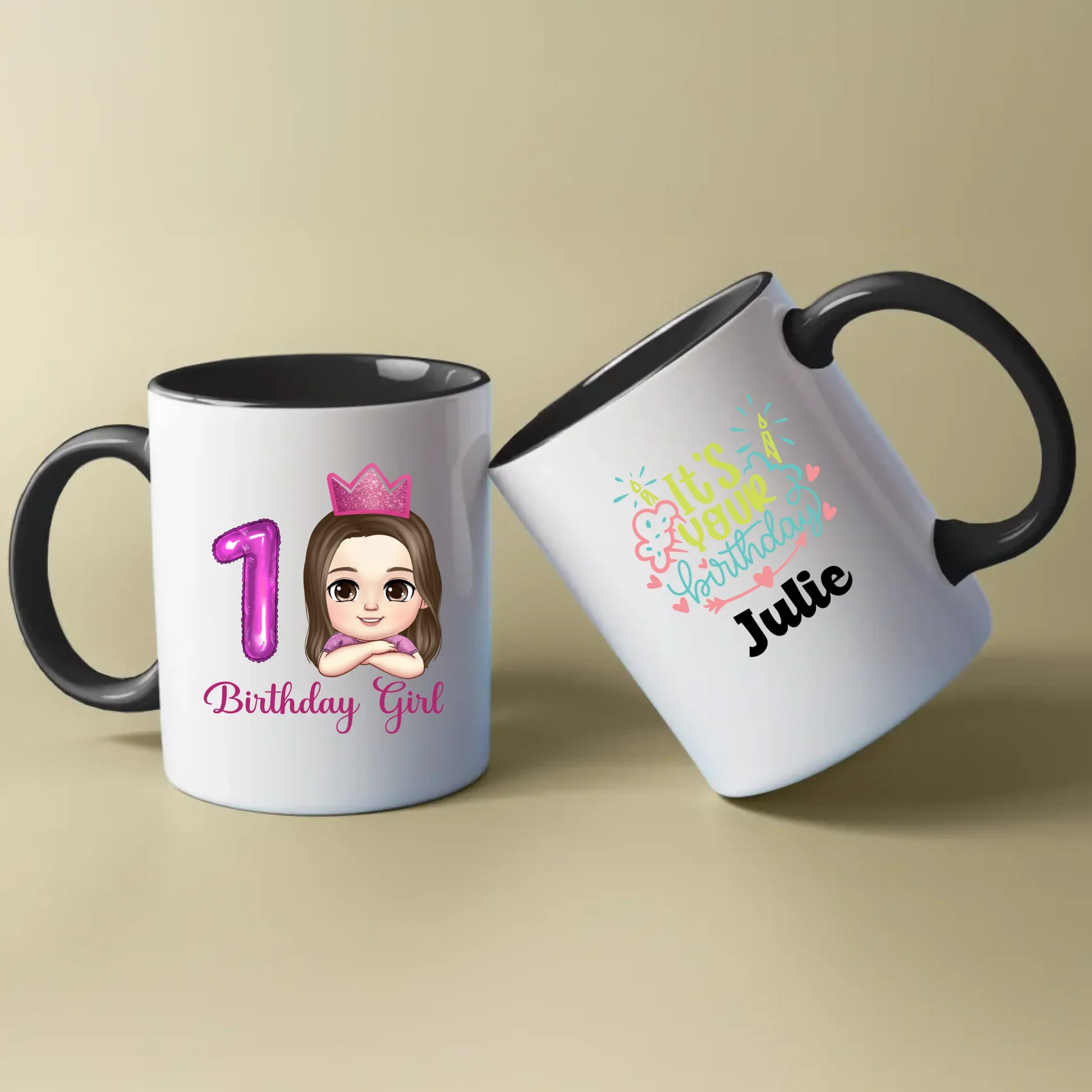 Minteefy birthday girl mugs with pink 1 balloon, cartoon princess, “It’s Your Birthday” name print.