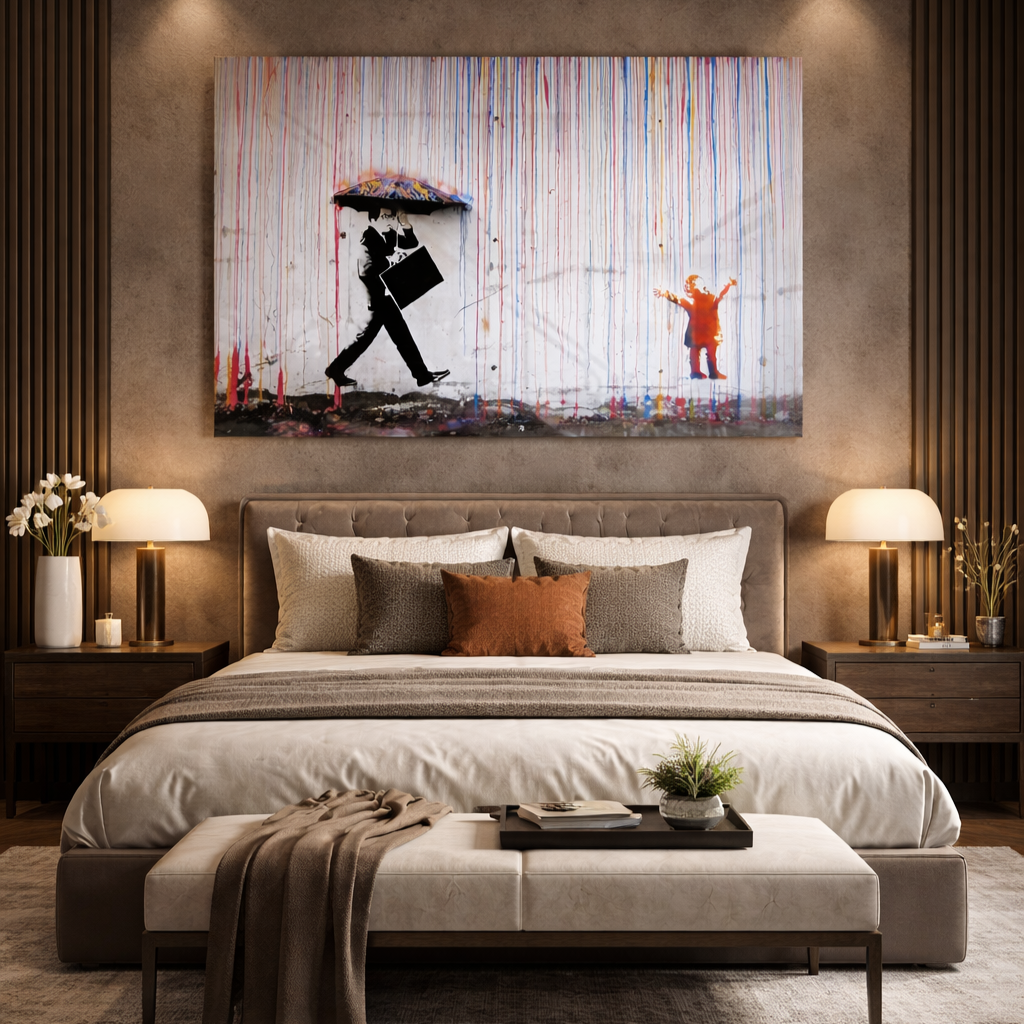 Banksy Umbrella Man Glass Wall Art – Iconic Street Art Glass Decor