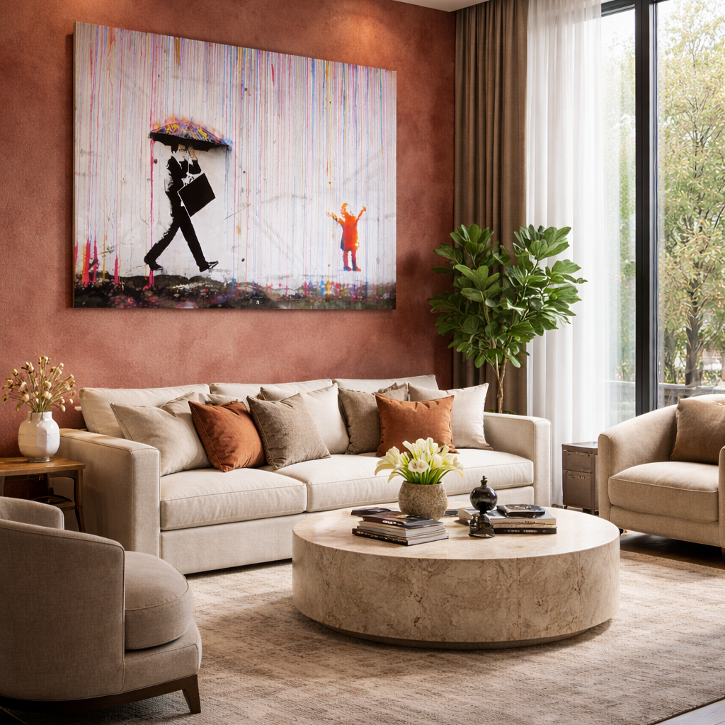 Banksy Umbrella Man Glass Wall Art – Iconic Street Art Glass Decor