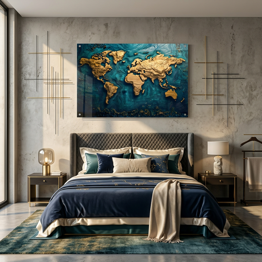 World Map Decor Glass Wall Art