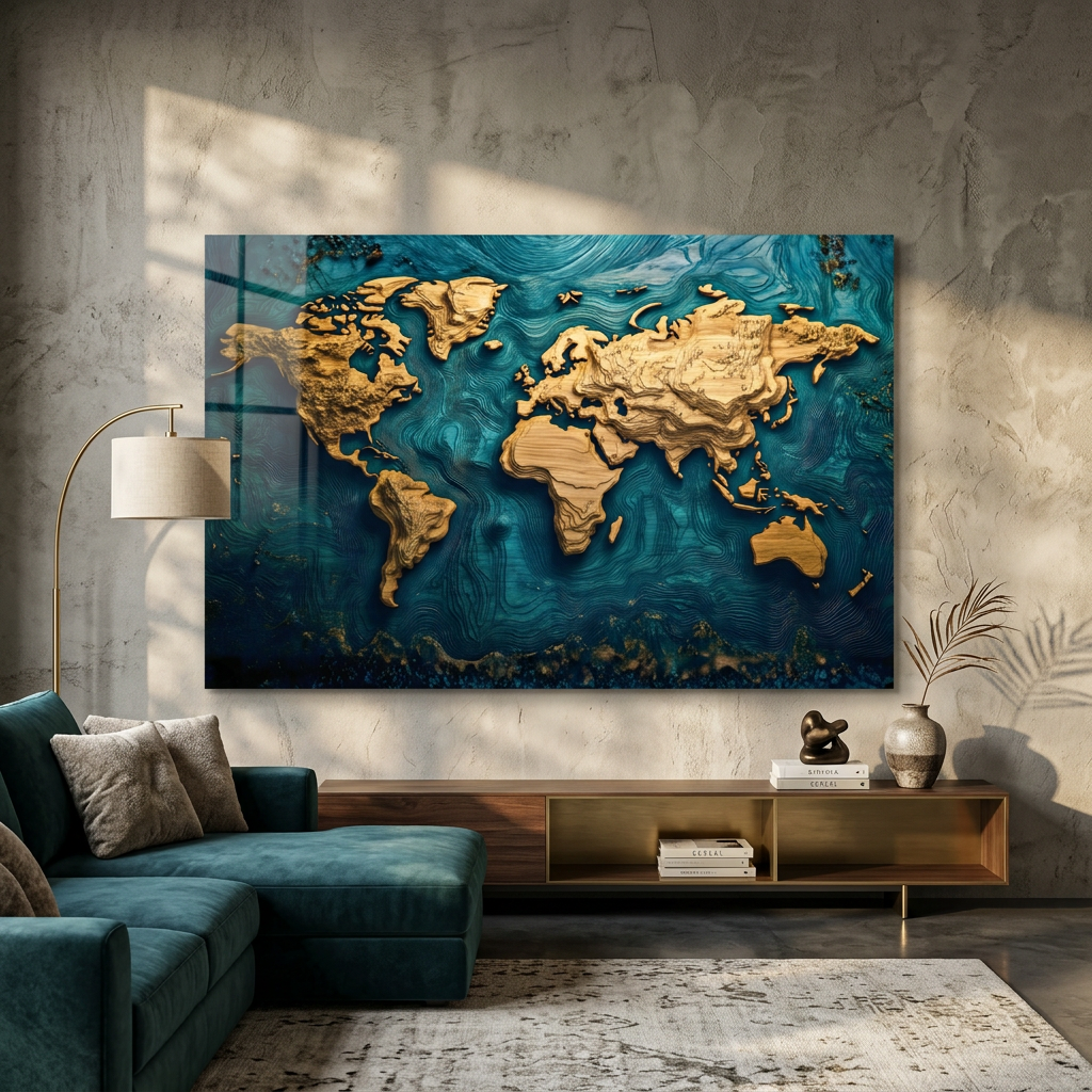 World Map Decor Glass Wall Art