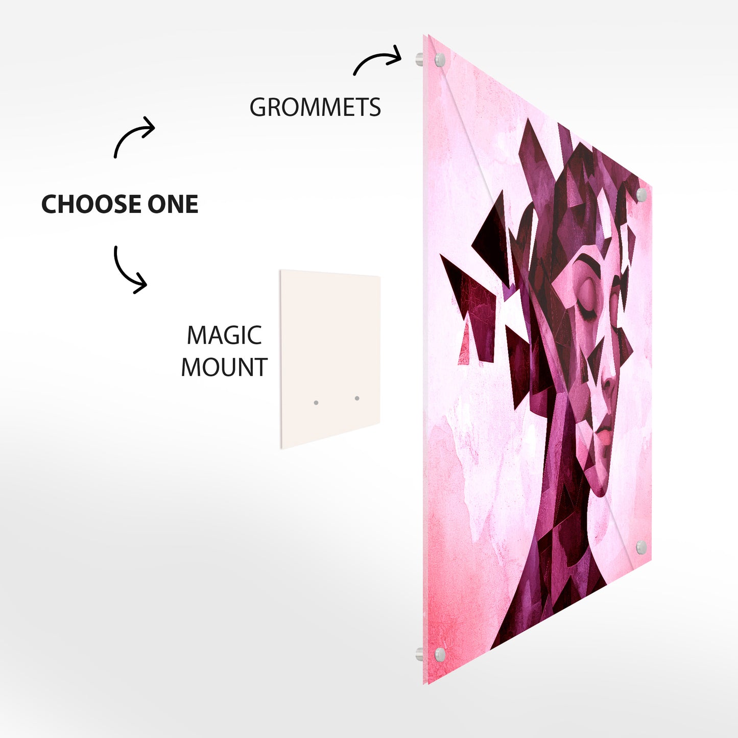 Shattered Serenity – Abstract Geometric Pink Woman Portrait Glass Wall Art