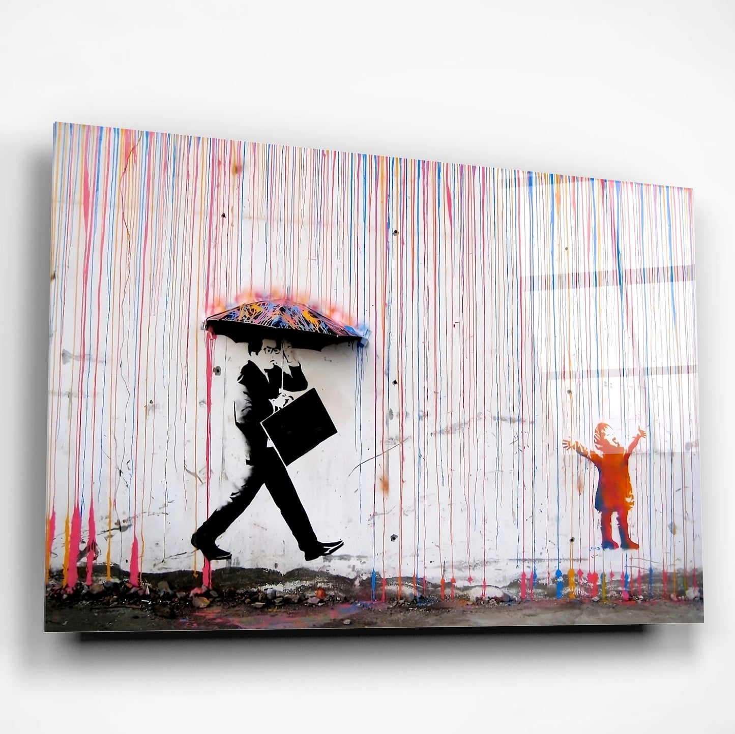 Banksy Umbrella Man Glass Wall Art