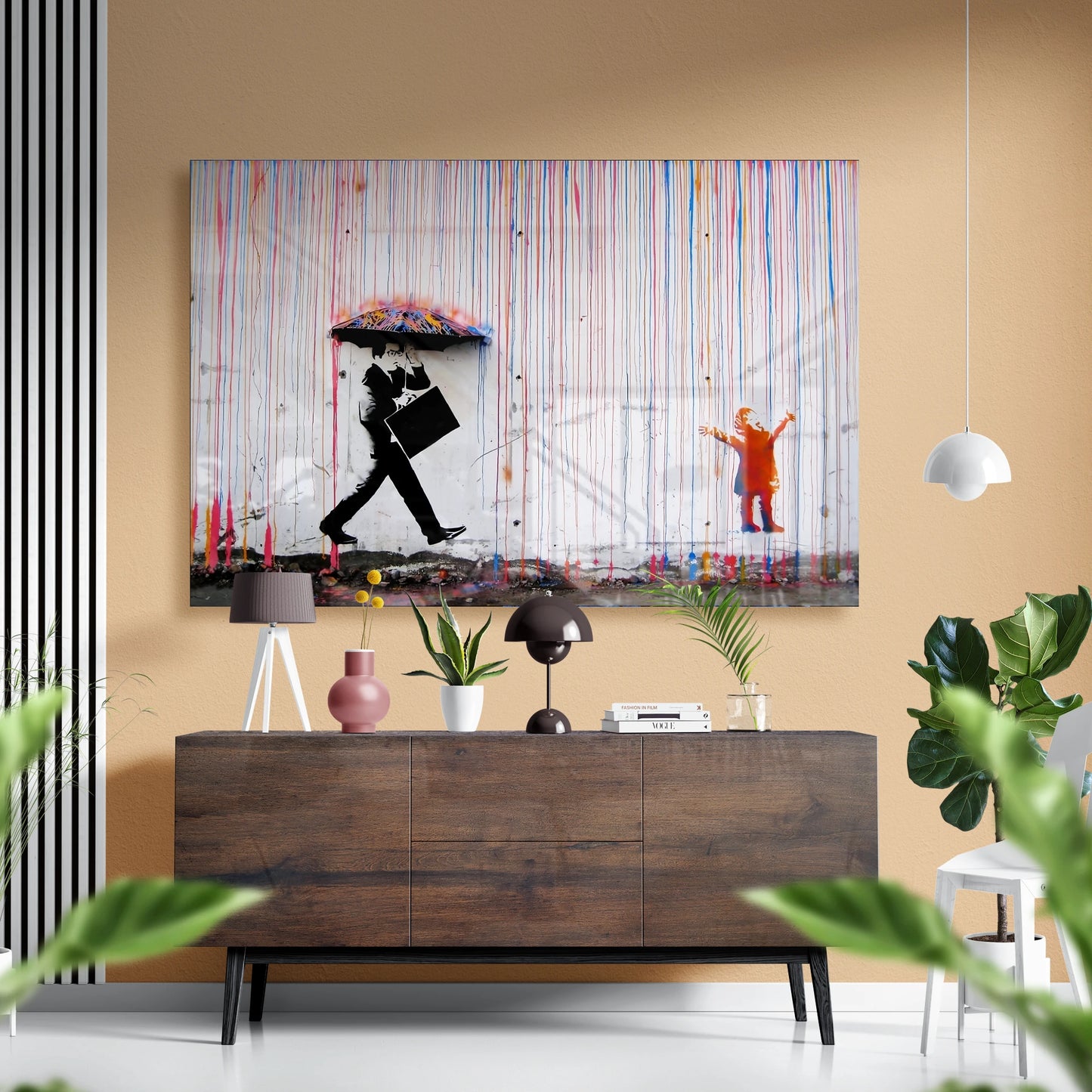 Banksy Umbrella Man Glass Wall Art