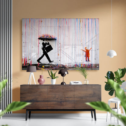 Banksy Umbrella Man Glass Wall Art