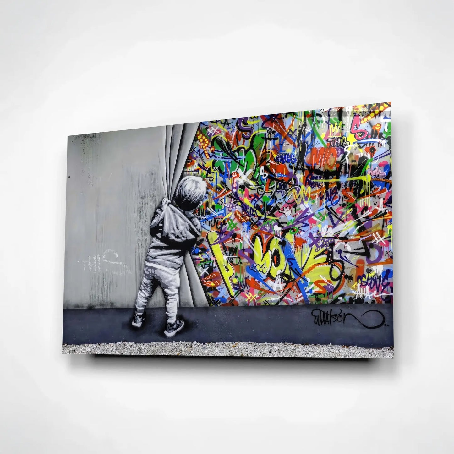 Banksy-Style Child Pulling Curtain Urban Glass Art