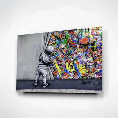 Banksy-Style Child Pulling Curtain Urban Glass Art