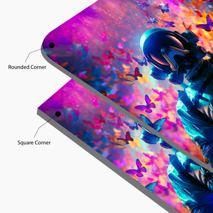 The Astronaut’s Dream Realm – Neon Butterflies & Cosmic Energy Glass Wall Art
