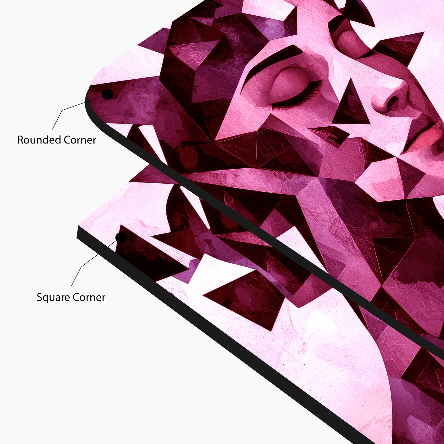 Shattered Serenity – Abstract Geometric Pink Woman Portrait Glass Wall Art