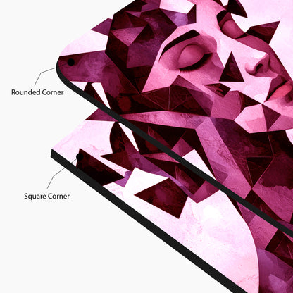Shattered Serenity – Abstract Geometric Pink Woman Portrait Glass Wall Art