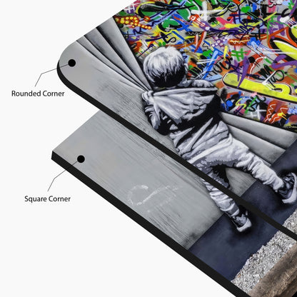 Banksy-Style Child Pulling Curtain Urban Glass Art