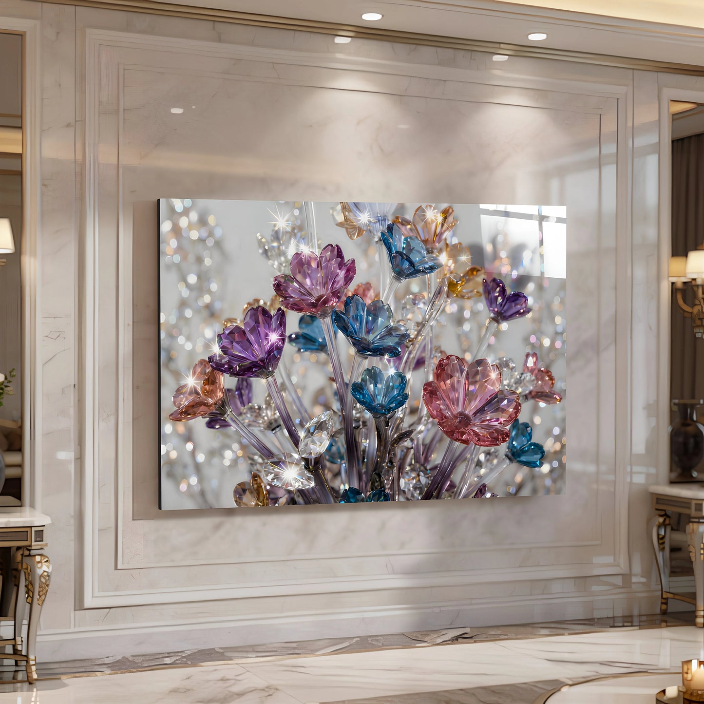 Glass wall art displayed in modern living room by Minteefy