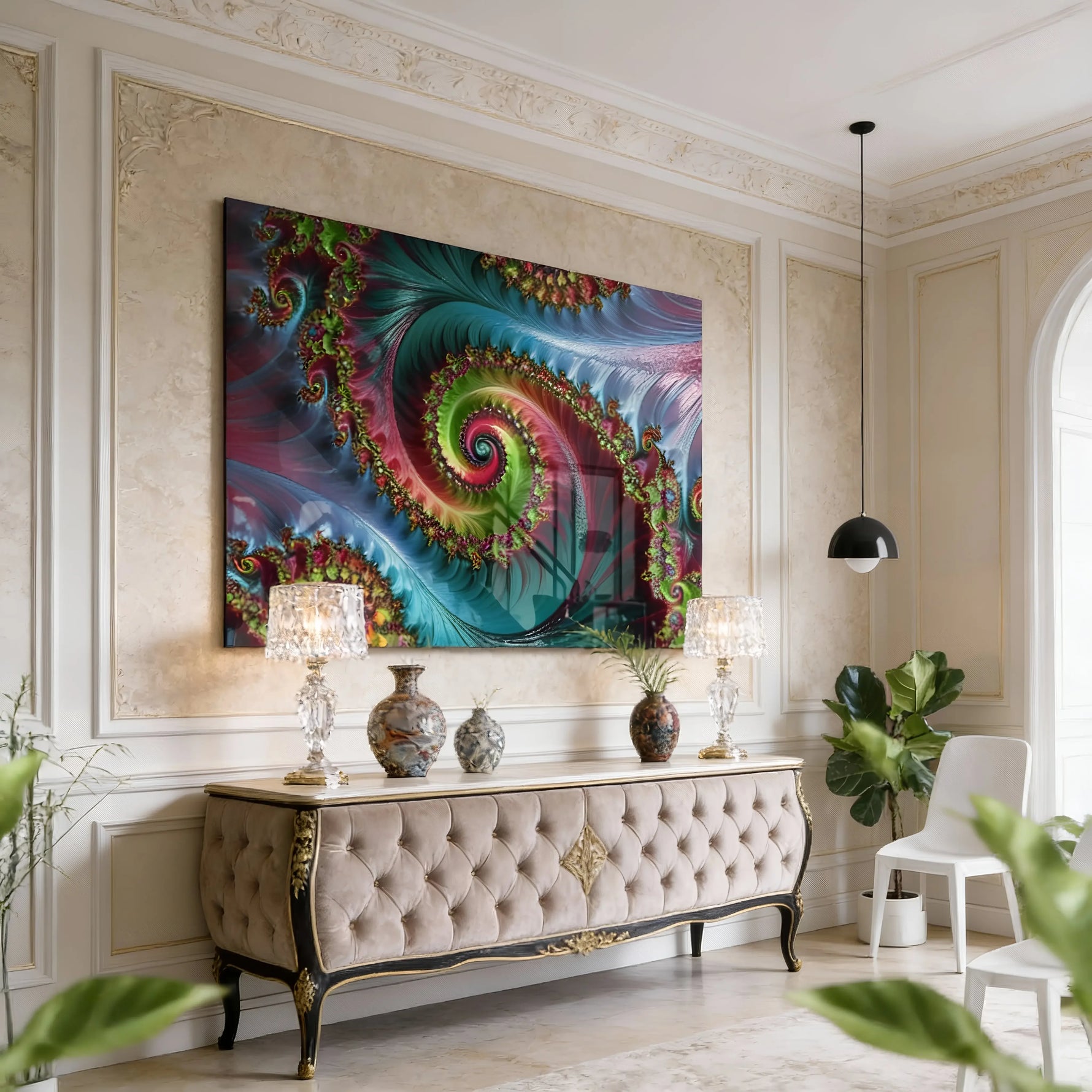 Abstract Fractal Spiral Glass Wall Art.