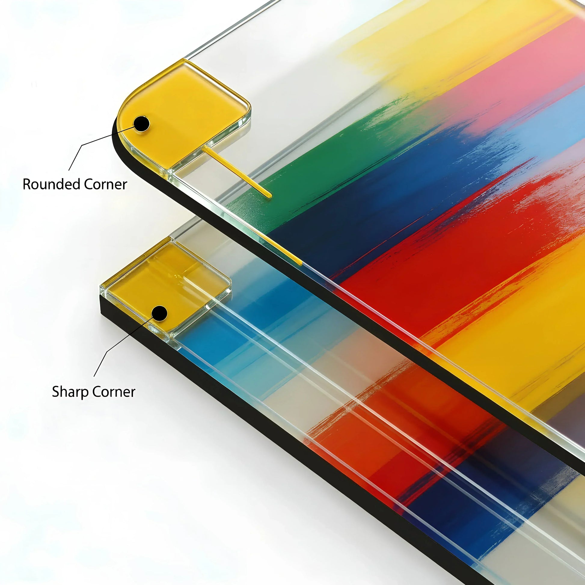 Glass wall art with colorful abstract stripes, showing rounded and sharp corner options