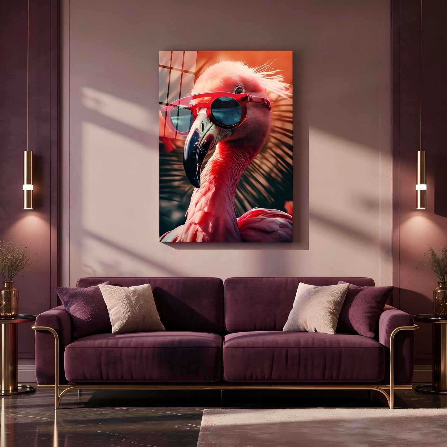 Sunset Flamingo with Glasses Glass Wall Art