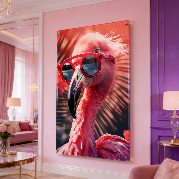 Sunset Flamingo with Glasses Glass Wall Art.