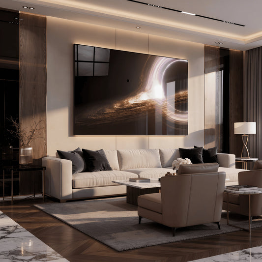 Into the Black Hole – Luminous Cosmic Glass Wall Art.