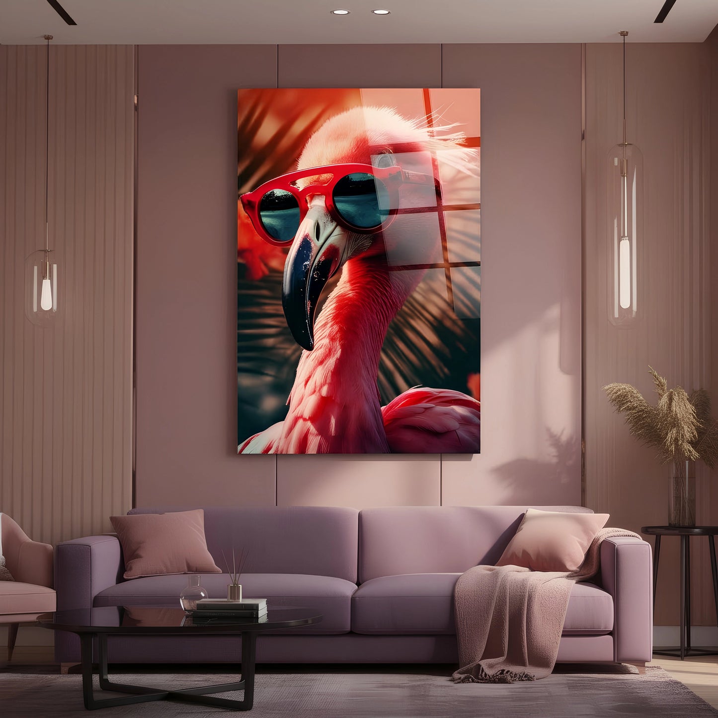 Sunset Flamingo with Glasses Glass Wall Art