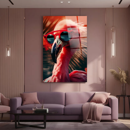 Sunset Flamingo with Glasses Glass Wall Art