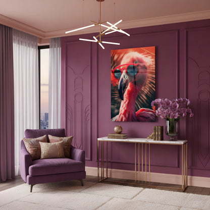 Sunset Flamingo with Glasses Glass Wall Art